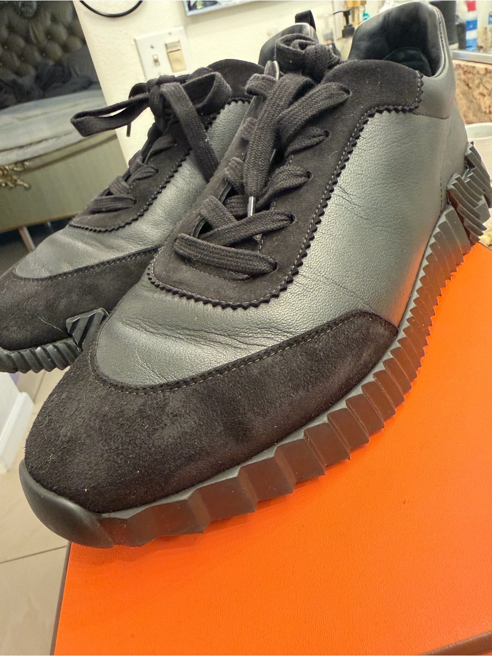 Hermes Black Leather and Suede Low-Top Sneakers